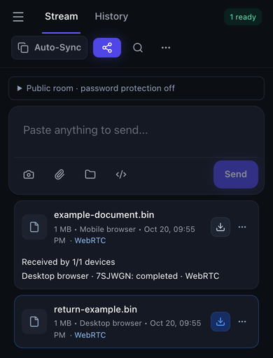 Textunnel received file card with its blue download button