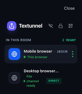 Textunnel room panel with a peer showing File channel ready and DIRECT
