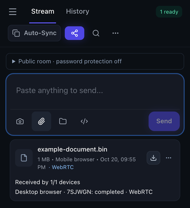 Textunnel sent file card with WebRTC and a completed receiver receipt