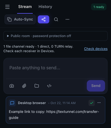 Textunnel received text card after its Copy action, with a success check